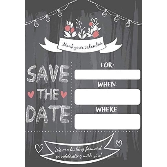 Save The Date Invitations w/ Envelopes, Black & White Rustic Chalkboard Theme, for any occasion - Wedding, Engagement, Anniversary, Baby Shower, Birthday Party, Bridal, 5x7, inch, 20 Count,