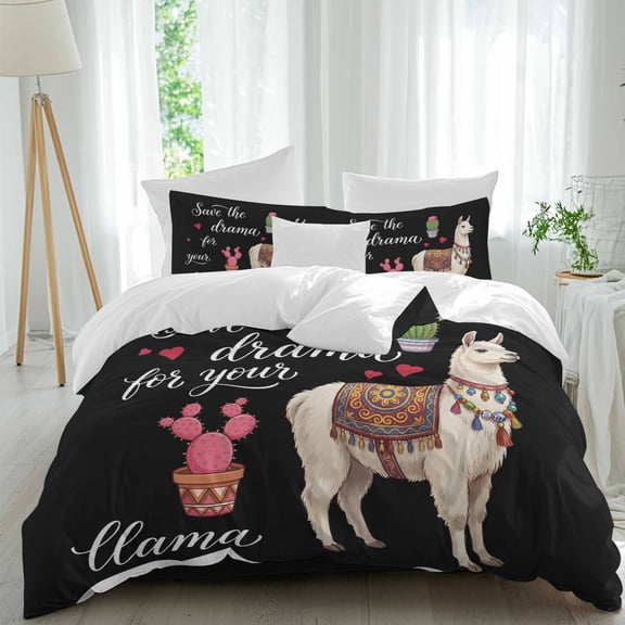 Save The Drama for Your Llama Queen Duvet Cover Set, Cactus Camel Love Summer 4 Piece Microfiber Bedding Set with Zipper Closure, Bed Sheet and 2 Pillow Shams, Soft Bedding Cover