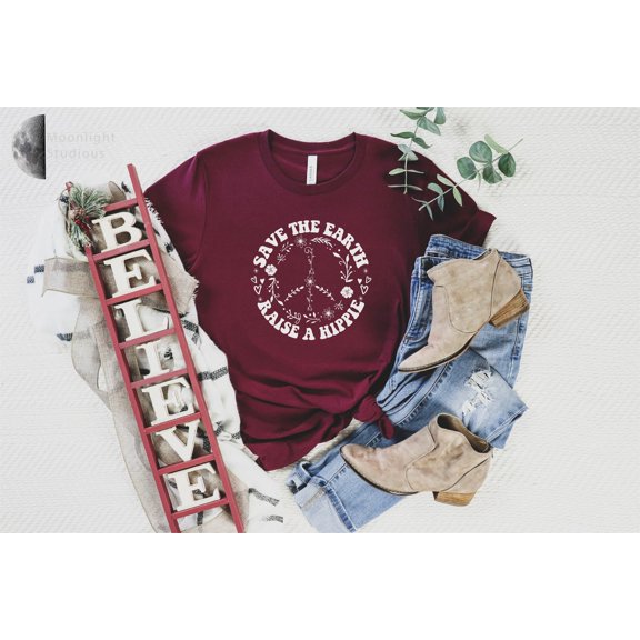 Save The Earth, Raise A Hippie Graphic Tee, Short Sleeve T-Shirt, Distressed Women’S Tee, Sublimated Shirt, Vintage Faded Print T-Shirt TSHIRT All Size S-5XL