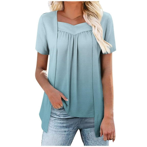 Fake-Two-Piece Shirts for Womens Pleated Gradient Tunic Blouses Square Neck Short Sleeve Tees Loose Relaxed Fit Tee Shirts Layered Blouse Shirt Hide Belly Tunic Tops Trendy Summer 2025