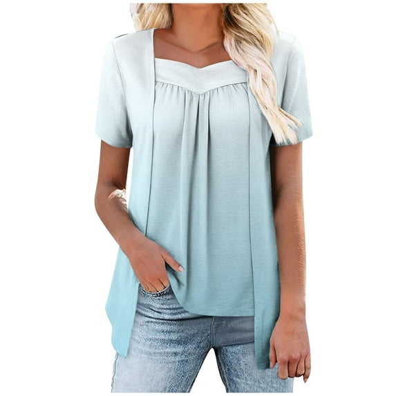 Fake-Two-Piece Shirts for Womens Pleated Gradient Tunic Blouses Square Neck Short Sleeve Tees Loose Relaxed Fit Tee Shirts Layered Blouse Shirt Hide Belly Tunic Tops Trendy Summer 2025