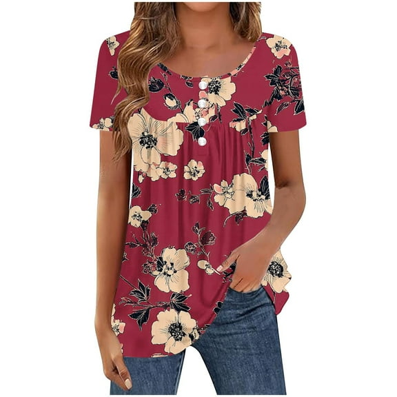 Save On Floral Printed Tunic Tops for Women Pleated Short Sleeve Shirts Front Button Down T-Shirt Crewneck Tee Shirts Loose Relaxed Fit Blouses Office Work Summer Costume