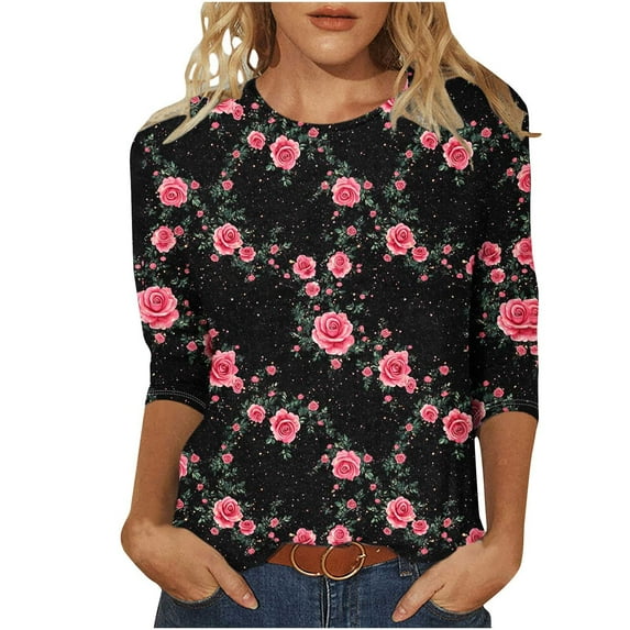 Save On Flower Pattern 3/4 Sleeve Top for Women Summer Retro Causal Tunic Blouses Round Neck Tee Shirts Plus Size Tunics Loose Fitted Tunics Vintage Cute Wildflower Blouse Clothes