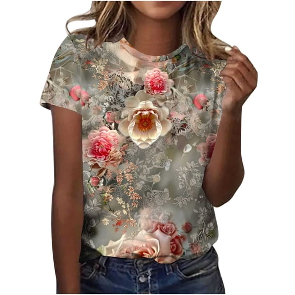 Save On Flower Pattern 3/4 Sleeve Top for Women Summer Retro Causal Tunic Blouses Round Neck Tee Shirts Plus Size Tunics Loose Fitted Tunics Vintage Cute Wildflower Blouse Clothes