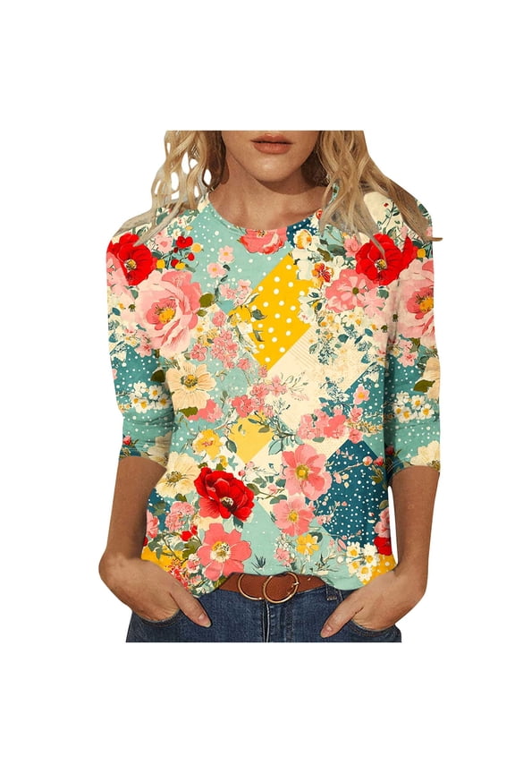 Save On Flower Pattern 3/4 Sleeve Top for Women Summer Retro Causal Tunic Blouses Round Neck Tee Shirts Plus Size Tunics Loose Fitted Tunics Vintage Cute Wildflower Blouse Clothes