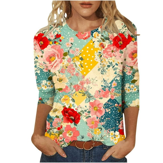 Save On Flower Pattern 3/4 Sleeve Top for Women Summer Retro Causal Tunic Blouses Round Neck Tee Shirts Plus Size Tunics Loose Fitted Tunics Vintage Cute Wildflower Blouse Clothes