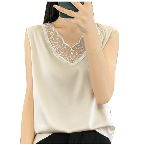 Save On Ice Silk Tank Tops for Women Lace Trim V Neck Sleeveless Shirts Solid Basic Camisole Light Breathable Tunic Blouses 2025 Dressy Casual Beach Vacation Clothes