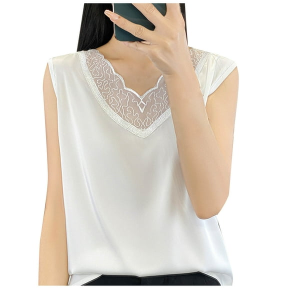 Save On Ice Silk Tank Tops for Women Lace Trim V Neck Sleeveless Shirts Solid Basic Camisole Light Breathable Tunic Blouses 2025 Dressy Casual Beach Vacation Clothes