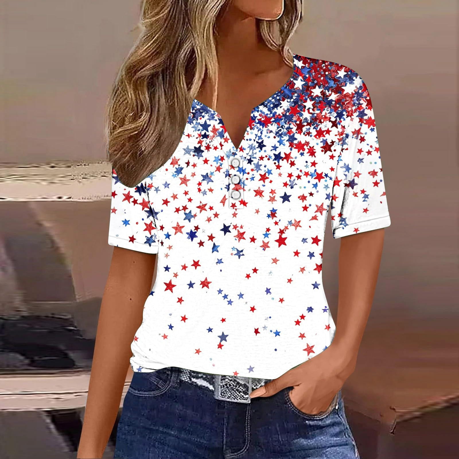 Round Neck American Flag Top July of 4th USA Patriotic T-Shirt Blouse