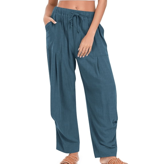 Save On Linen Palazzo Pants for Women Summer Drawstring Elastic Waist Trousers Athletic Track Pants Loose Fitted Drop Crotch Trouser Lounge Baggy Sweatpant Golf Joggers Pants with Pockets