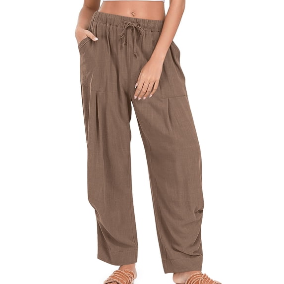 Save On Linen Palazzo Pants for Women Summer Drawstring Elastic Waist Trousers Athletic Track Pants Loose Fitted Drop Crotch Trouser Lounge Baggy Sweatpant Golf Joggers Pants with Pockets