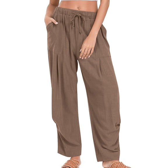 Save On Linen Palazzo Pants for Women Summer Drawstring Elastic Waist Trousers Athletic Track Pants Loose Fitted Drop Crotch Trouser Lounge Baggy Sweatpant Golf Joggers Pants with Pockets