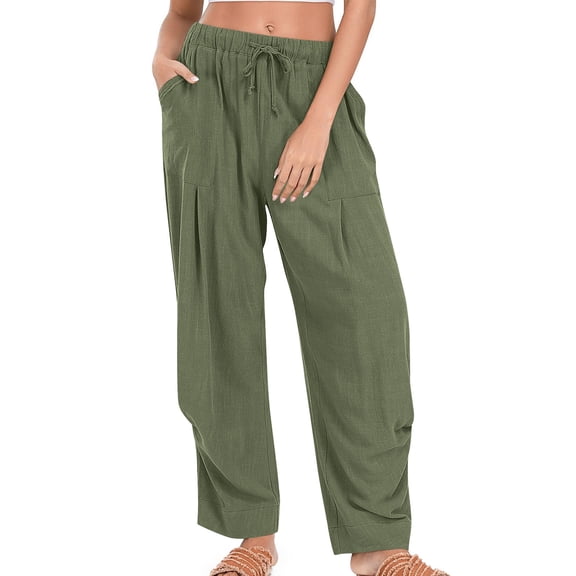 Save On Linen Palazzo Pants for Women Summer Drawstring Elastic Waist Trousers Athletic Track Pants Loose Fitted Drop Crotch Trouser Lounge Baggy Sweatpant Golf Joggers Pants with Pockets