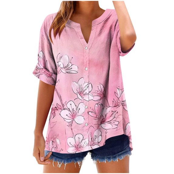 Save On Lotus Printed Tunic Tops for Women Cotton Linen Boho Lounge Wear Henley Neck Tee Front Button Short Sleeve Top Dressy Shirts Trends Lightweight Beach Holiday Clothes
