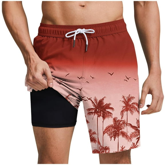 Save On 2 In 1 Quick-Dry Shorts for Men Drawstring Elastic Waist Hawaii Beach Shorts Liner 7 Inch Inseam Board Shorts Bathing Suits Loose Baggy Pants