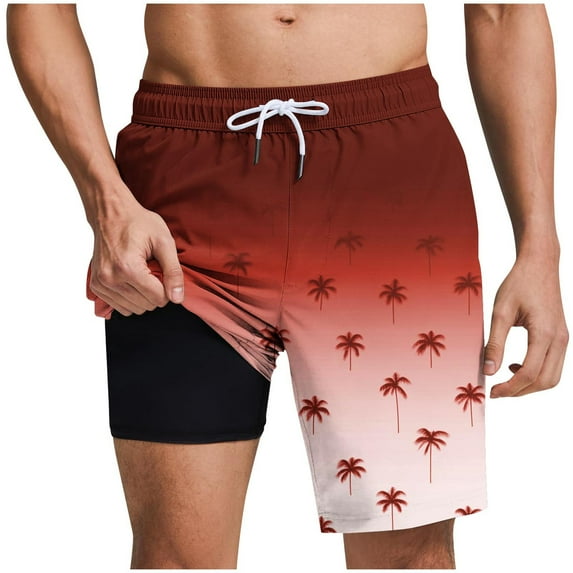 Save On 2 In 1 Quick-Dry Shorts for Men Drawstring Elastic Waist Hawaii Beach Shorts Liner 7 Inch Inseam Board Shorts Bathing Suits Loose Baggy Pants