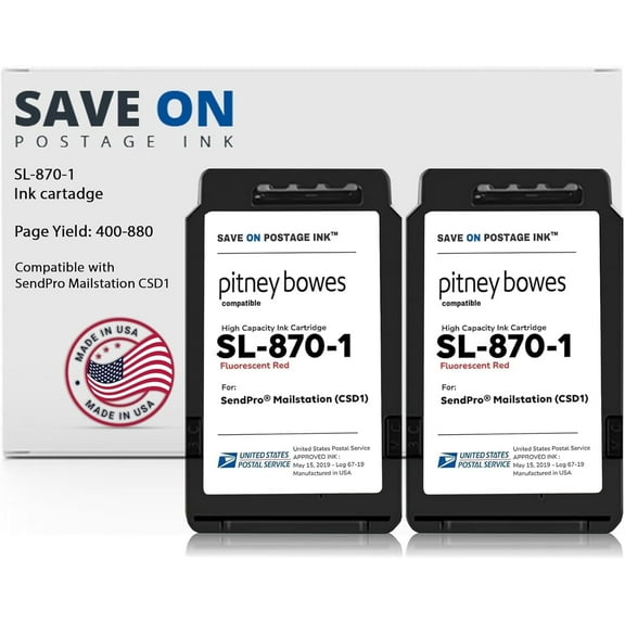 Compatible Pitney Bowes SL-870-1 Red Ink Cartridge (2 Pack) Inkjet Printer Ink for SendPro Mailstation CSD1 Postage Meter Machine - PB Replacement Printer Cartridge w/OEM Compatibility