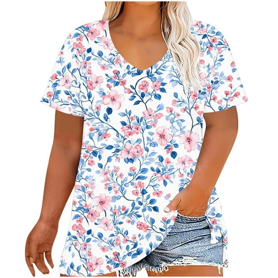 Save On Womens Plus Size Tops Basic Summer Shirts Short Sleeve V Neck Tunics T-Shirt Loose Floral Print Tee Shirts Holiday Blouse