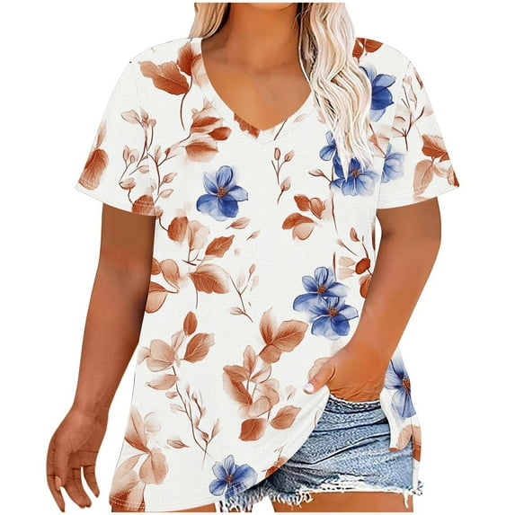 Save On Womens Plus Size Tops Basic Summer Shirts Short Sleeve V Neck Tunics T-Shirt Loose Floral Print Tee Shirts Holiday Blouse