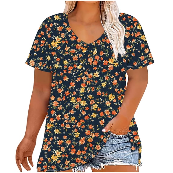 Save On Womens Plus Size Tops Basic Summer Shirts Short Sleeve V Neck Tunics T-Shirt Loose Floral Print Tee Shirts Holiday Blouse