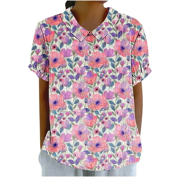 Save On Rose-Flower Graphics Summer Tops for Women Collared Tee Short Sleeve Top Floral Cute Tunic Blouses Relaxed Fit Basic Tee Shirts Causal Dressy Blosue Work Office Costume 2025