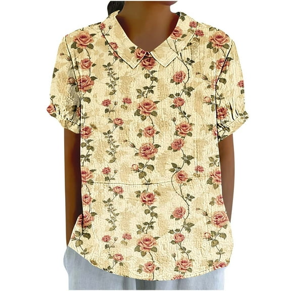 Save On Rose-Flower Graphics Summer Tops for Women Collared Tee Short Sleeve Top Floral Cute Tunic Blouses Relaxed Fit Basic Tee Shirts Causal Dressy Blosue Work Office Costume 2025