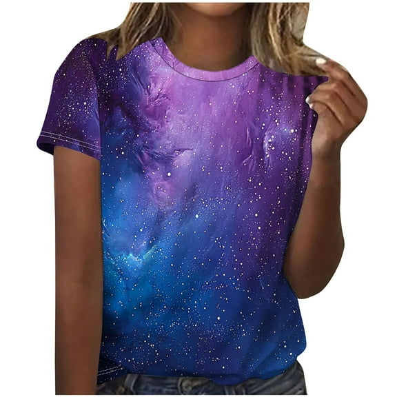 Save On Starry Sky Tunic Tops for Women Tie Dye Print Tee Shirts Round Neck Gradient T-Shirts Loose Short Sleeve Shirts T-Shirts Summer Casual Comfy Blouse 2025