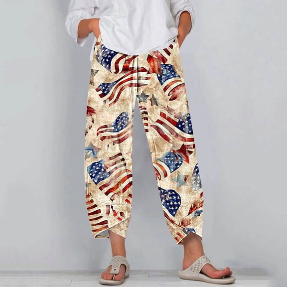 Save On Summer Bamboo Linen Capris for Women Muticolor Printed Pants Cropped Elastic High Waist Sweatpants Light Breathable Capris Pant 4Th of July Capri Trouser Summer Beach Loose Trousers