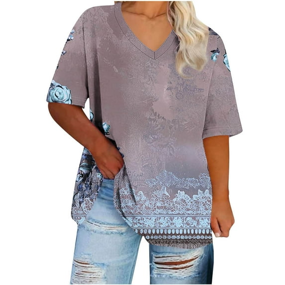 Save Summer TShirts for Women Dressy Causal Tee Shirts Floral Printed Tunic Tops Round Neck Short Sleeve Tshirts Plus Size Tees Cute Rose-Flower Tunic Blouses Going Out Vacation Tunics Shirts Clothes