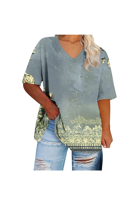Save Summer TShirts for Women Dressy Causal Tee Shirts Floral Printed Tunic Tops Round Neck Short Sleeve Tshirts Plus Size Tees Cute Rose-Flower Tunic Blouses Going Out Vacation Tunics Shirts Clothes