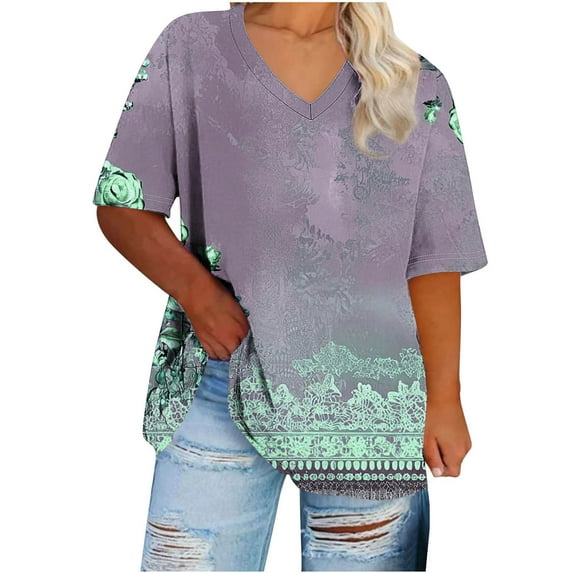 Save Summer TShirts for Women Dressy Causal Tee Shirts Floral Printed Tunic Tops Round Neck Short Sleeve Tshirts Plus Size Tees Cute Rose-Flower Tunic Blouses Going Out Vacation Tunics Shirts Clothes