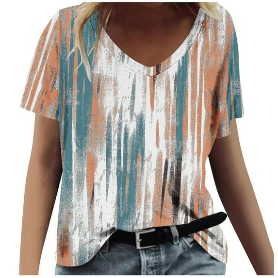 Save On Summer Tops for Women 2025 Vacation Boho Tee Shirts Color Block Striped Tunic Tops V Neck Tee Short Sleeve Top Loose Fit Short Sleeve Blouse Dressy Casual Tunic Blouses Going Out Outfits