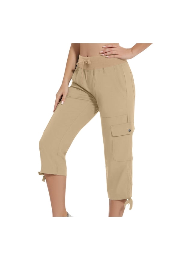 Save On Summer Womens Capris with Pockets Baggy Cargo Pants Drawstring Elastic Waist Capri Pants Adjustable Leg Pants Dressy Lightweight Ladies Capri for Hiking