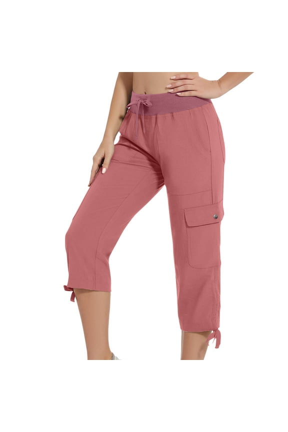 Capris Cargo Pants for Women High Waisted Drawstring Elastic Waist Sweatpant Lace-Up Adjustable Leg Capris Dressy Lightweight Ladies Baggy Cargo Pant with Pockets for Hiking
