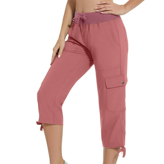Capris Cargo Pants for Women High Waisted Drawstring Elastic Waist Sweatpant Lace-Up Adjustable Leg Capris Dressy Lightweight Ladies Baggy Cargo Pant with Pockets for Hiking