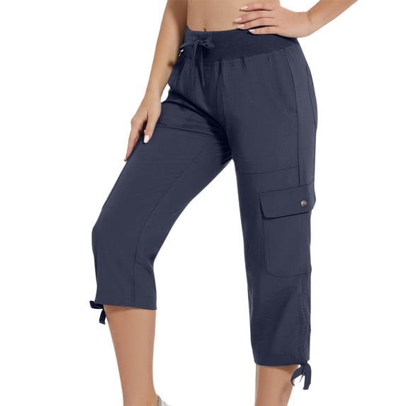 Save On Summer Womens Capris with Pockets Baggy Cargo Pants Drawstring Elastic Waist Capri Pants Adjustable Leg Pants Dressy Lightweight Ladies Capri for Hiking