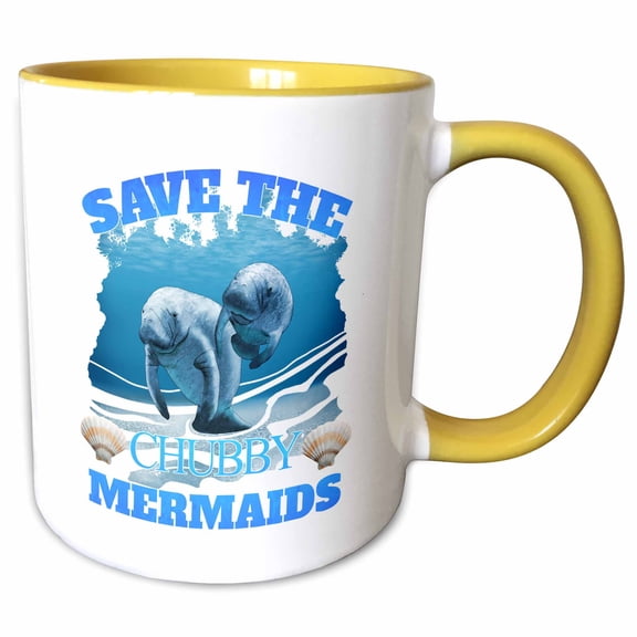 3drose, Save the Chubby Mermaids Also Known as the Manatees, Gentle Giants., 11oz Two-tone Yellow Mug