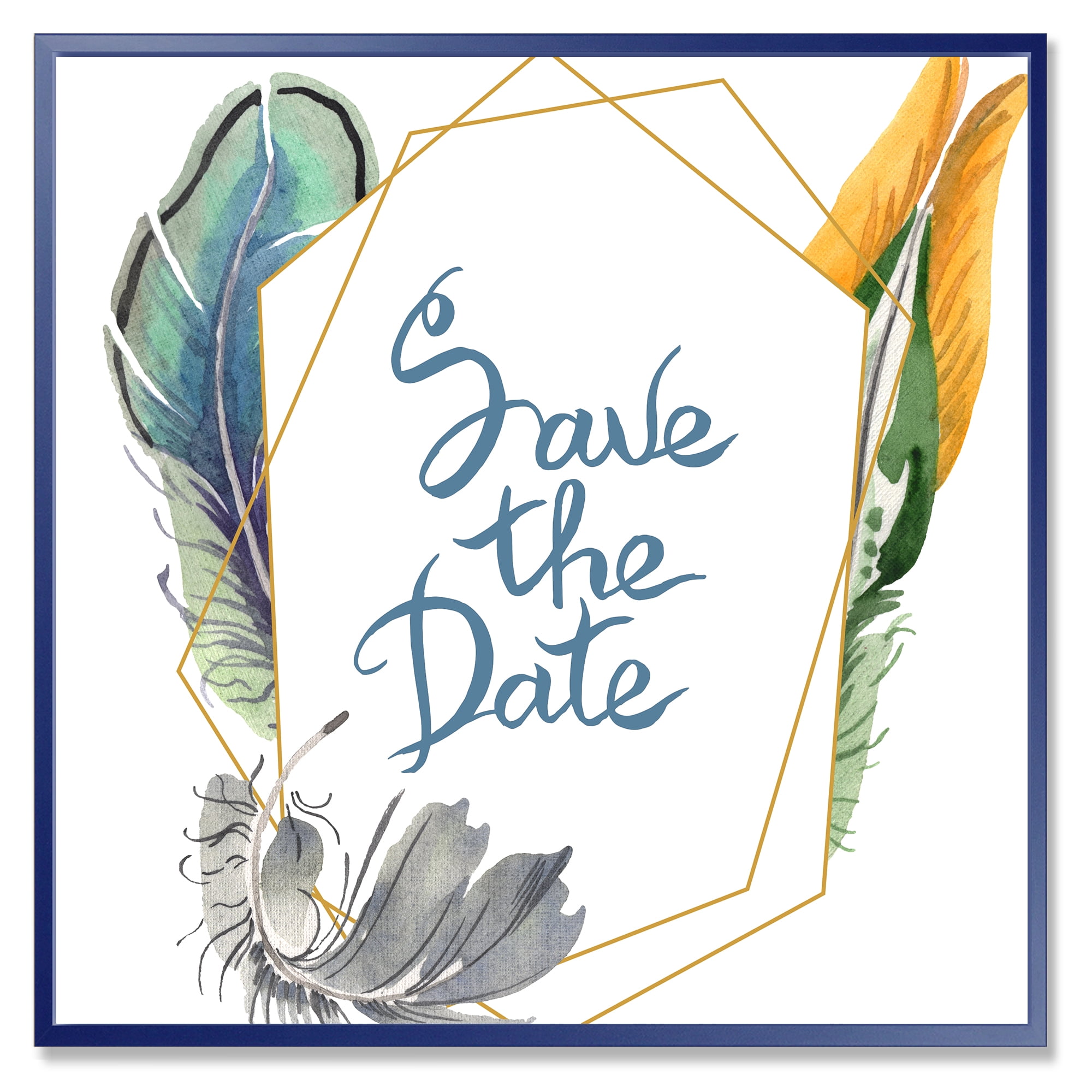 Save The Date Bird Blue Feather 16 in x 16 in Framed Painting Canvas Art Print, by Designart