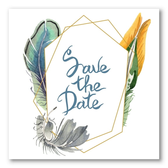 Save The Date Bird Blue Feather 30 in x 30 in Painting Canvas Art Print, by Designart