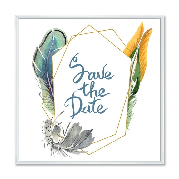 Save The Date Bird Blue Feather 36 in x 36 in Framed Painting Canvas Art Print, by Designart