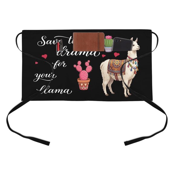 Save The Drama for Your Llama Half Waist Apron Cactus Camel Love Summer Short Waiter Aprons with 3 Pockets for Women Men Kitchen Restaurant Cooking
