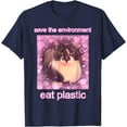 thumbnail image 1 of Save The Environment Eat Plastic Funny Cute Cat Meme Softstyle Unisex T-Shirt,Navy Color,Size L, 1 of 5