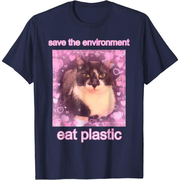 Save The Environment Eat Plastic Funny Cute Cat Meme Softstyle Unisex T-Shirt,Navy Color,Size L