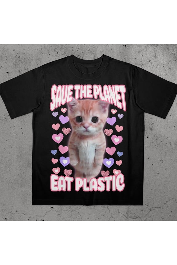 Save The Planet Eat Plastic Funny Cute Cat Shirt BLACK Unisex S-5XL Hot Trending Shirt