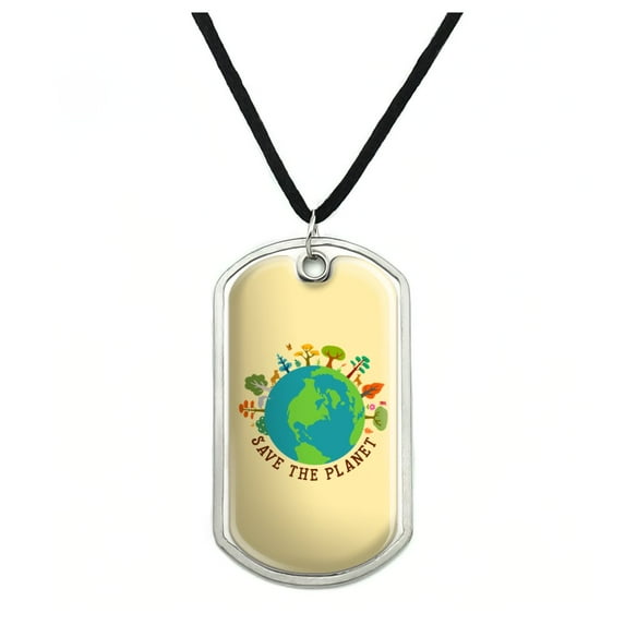 Save The Planet Illustration Conservation Military Dog Tag Pendant Necklace with Cord