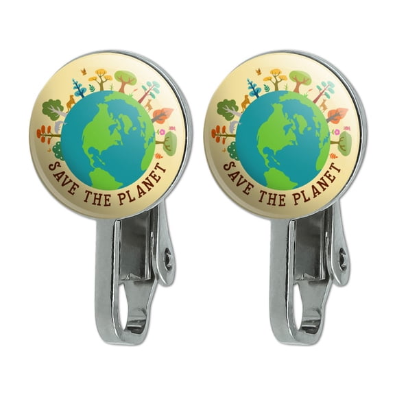 Save The Planet Illustration Conservation Novelty Clip-On Stud Earrings