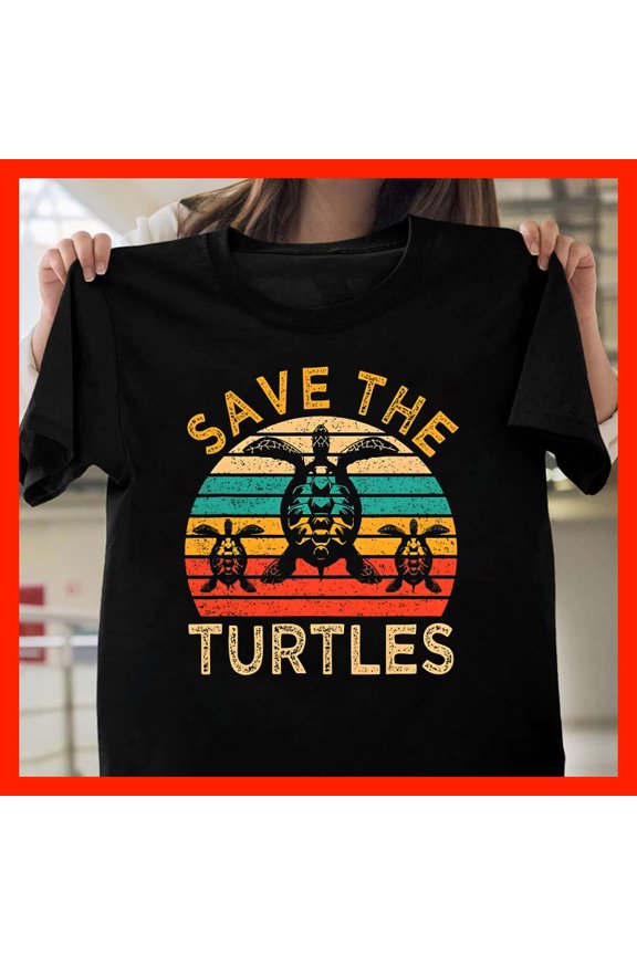 Save The Turtles Retro Vintage Sunset Sea Turtle Graphic T-Shirt T1760, Softstyle for Unisex, Inclusive Sizing to 5XL