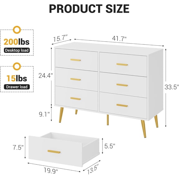 Save Today Chic and Versatile 6-Drawer Dresser – Modern Storage Chest in Elegant White Finish with Gold Handles for Bedroom, Living Room, or Hallway Organization