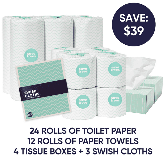 Save Trees Everything Box - 24 Bamboo Toilet Paper Rolls, 12 Paper Towels, 4 Facial Tissues, 2 Swish Cloths