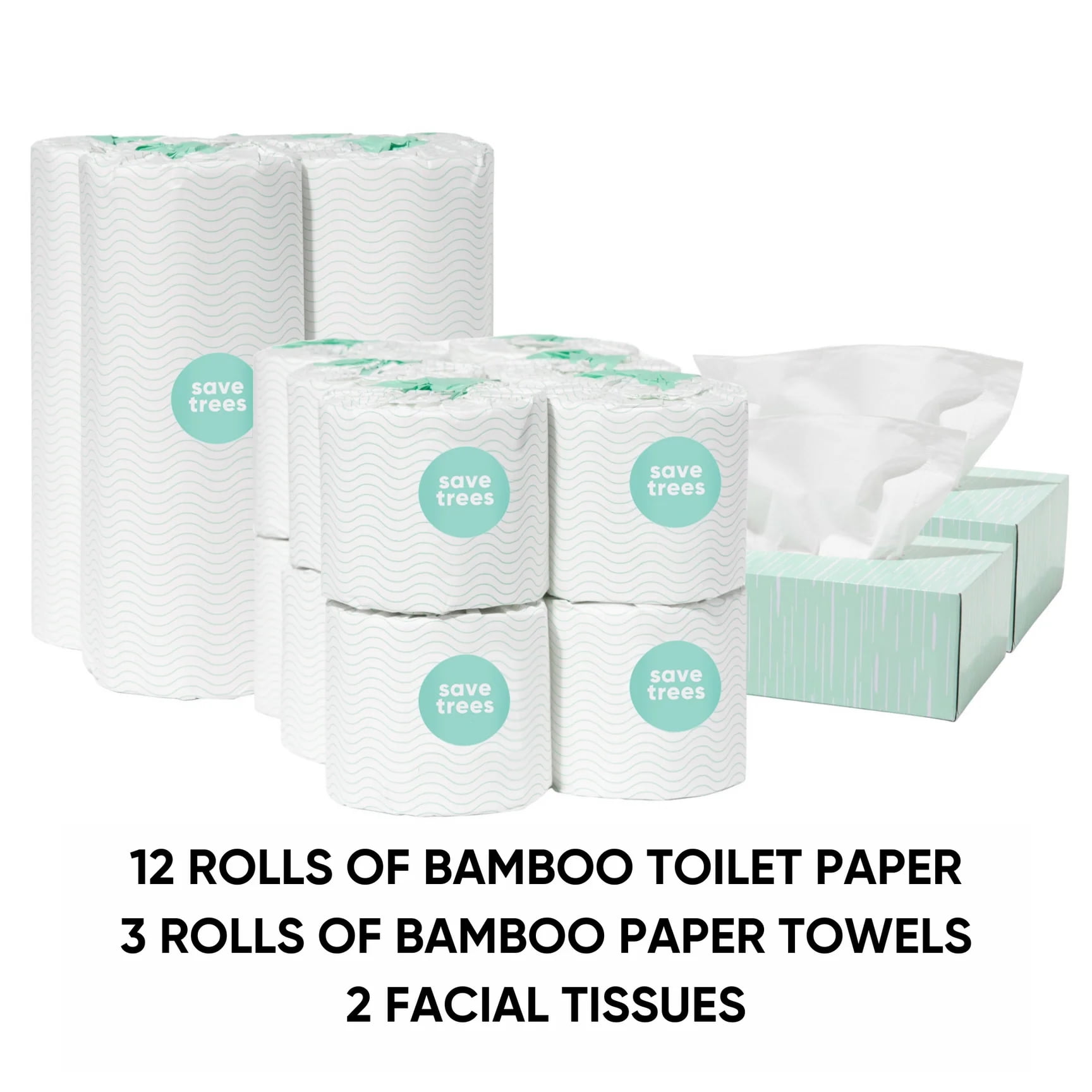 Save Trees Starter Box - 12 Bamboo Toilet Paper Rolls, 3 Paper Towels, 2 Facial Tissues